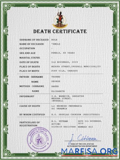Realistic Vanuatu vital record death certificate PSD template